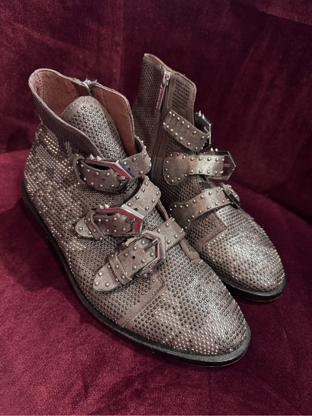 Studded Buckle Ankle Boots in Metallic Gray